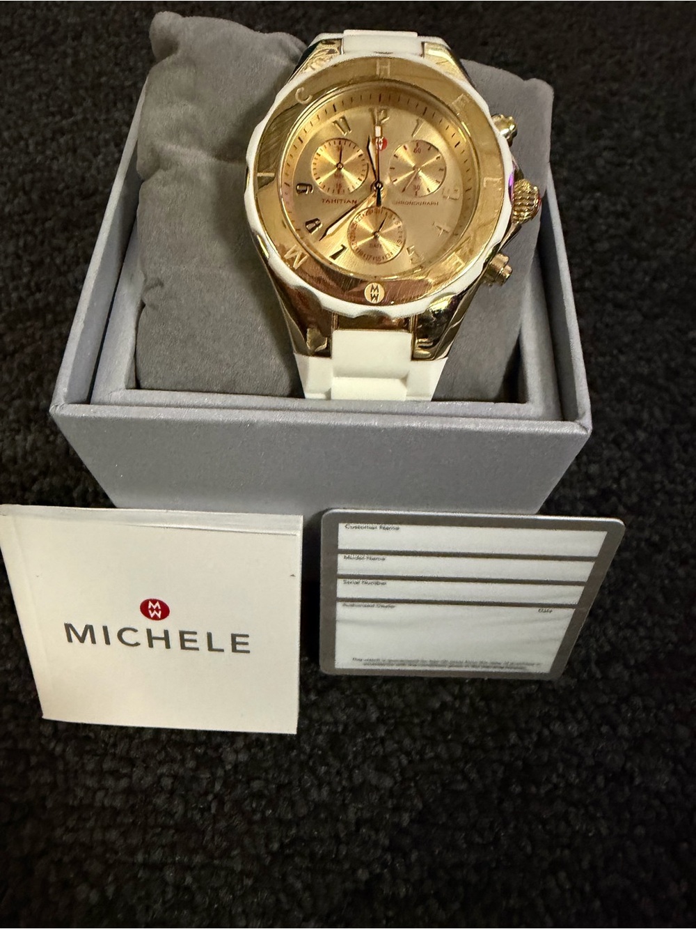 Michele Gold-Tone Dial Chronograph Watch with White Strap